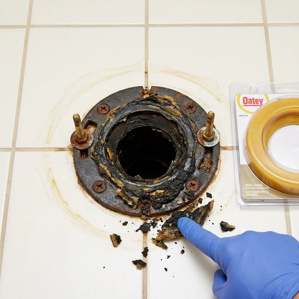 Failed wax ring showing water seepage at the base of a toilet in a Boonville, NY home