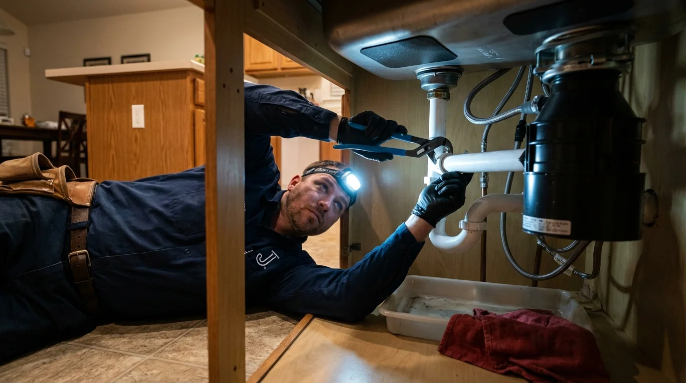P-trap and supply line connections under a kitchen sink showing a common leak point in Boonville, NY